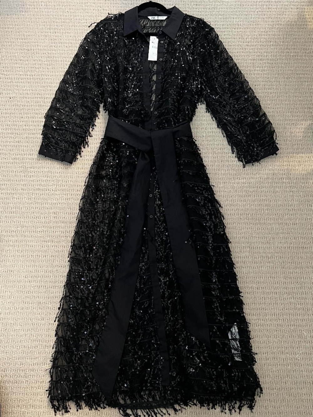 Zara NWT Black Sequined Button Front Dress Belted Tie Waist Maxi Size XL - Picture 6 of 6